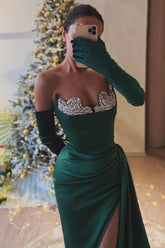 Gorgeous Dark Green Sweetheart Mermaid Beaded Split Front Ruffle Evening Dresses With Rhinestone